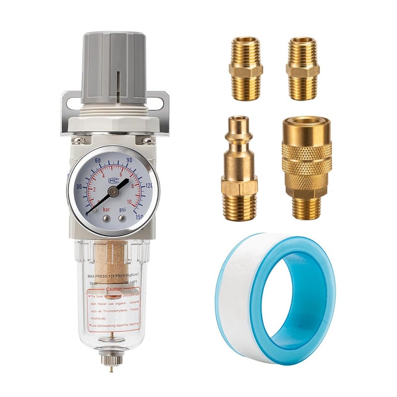 LNCHKA Pneumatic Air Compressor Filter Regulator Combo 1/4" NPT 150 PSI w/Adjustable Gauge-Water Separator,Metal Bracket,Manual Drain,5 Micron Brass Cartridge - Image 1
